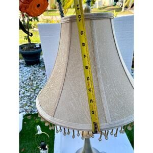 vintage-style bell lamp shade features a beige patterned fabric